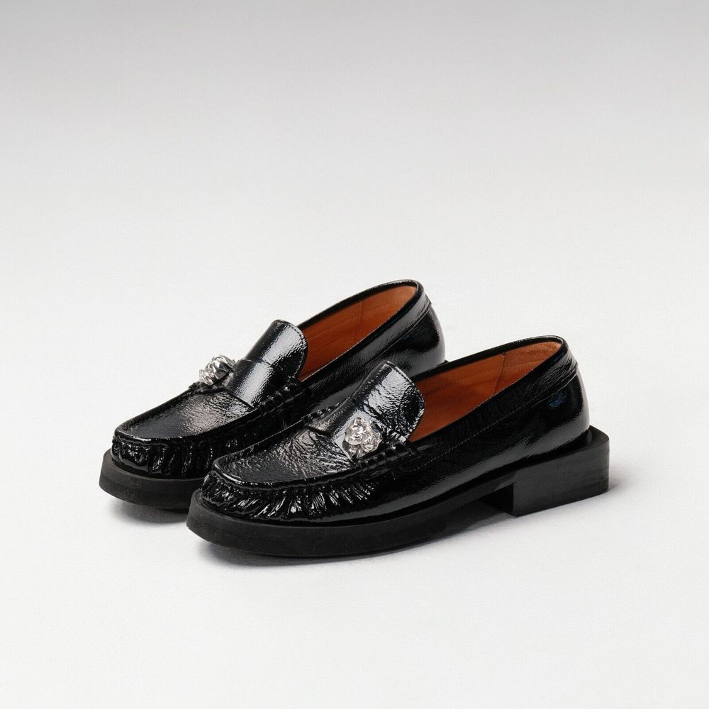 Ganni Black Patent Leather Skull-Embellished Loafers